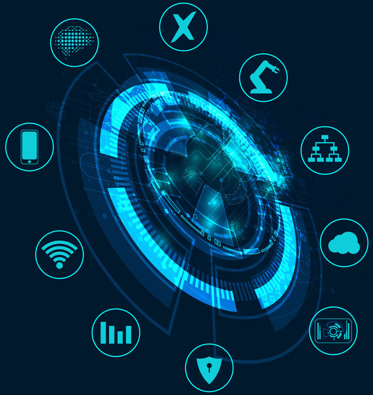 Abstract blue tech background with digital interface and connectivity icons. The icons include Xentara, an industrial robot, a network, a cloud, a user interface, a security lock, a bar graph for analytics, wireless connectivity, mobile data access and artificial intelligence / machine learning.