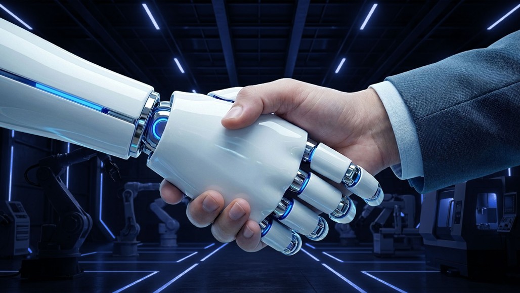 Closeup of a human and robot shaking hands in front of a factory shop floor.