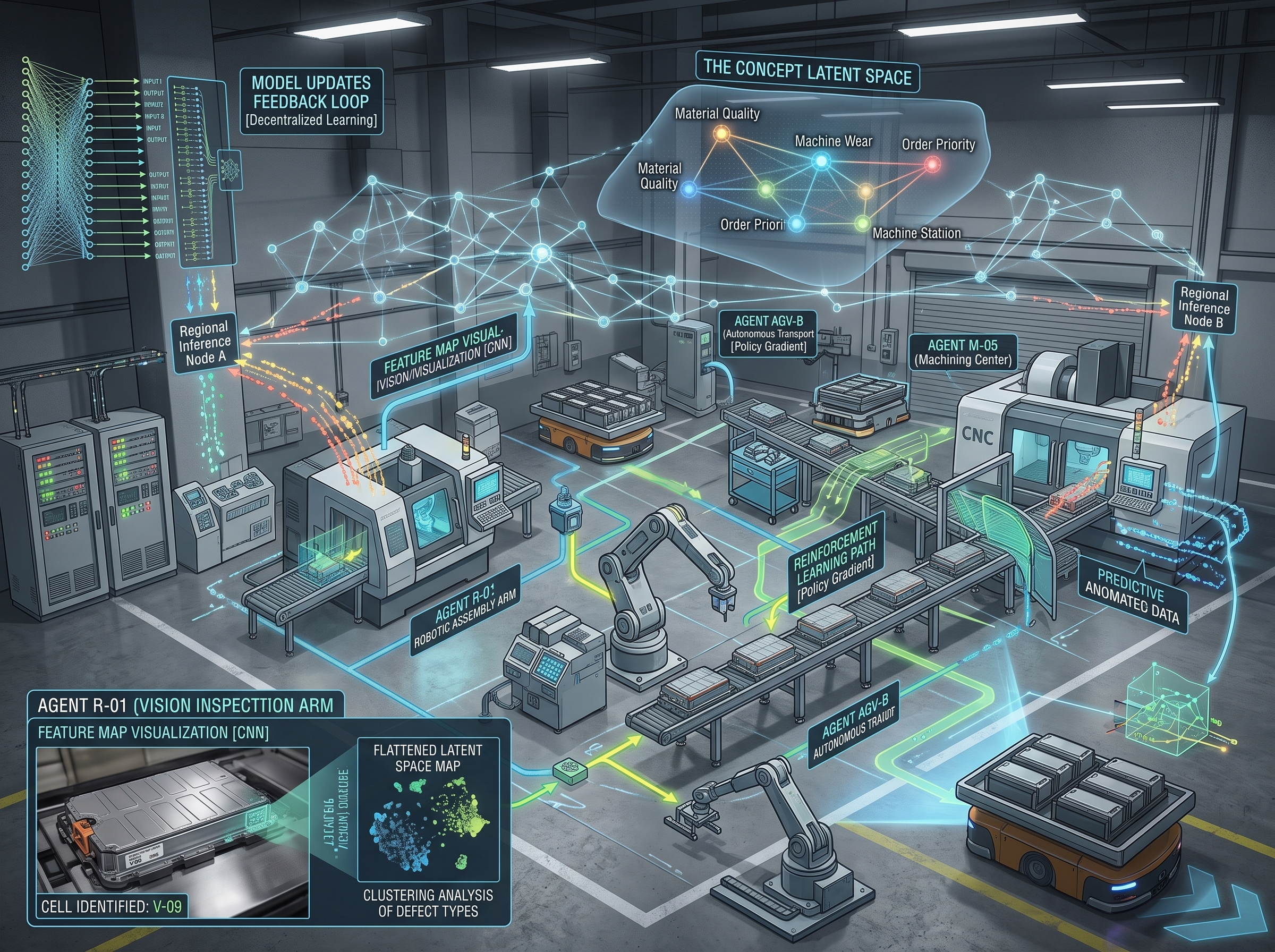 Neural network visualisation representing autonomous machine agents